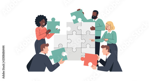 Diverse team collaborating on a complex puzzle project.