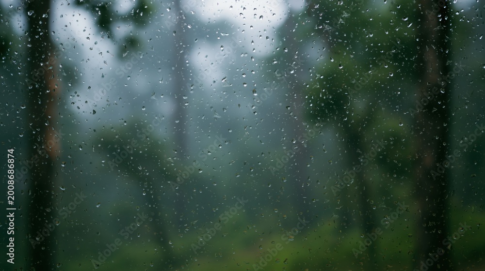 Obraz premium A close-up view of raindrops on a window, with a blurred green forest background, creating a serene and tranquil atmosphere.