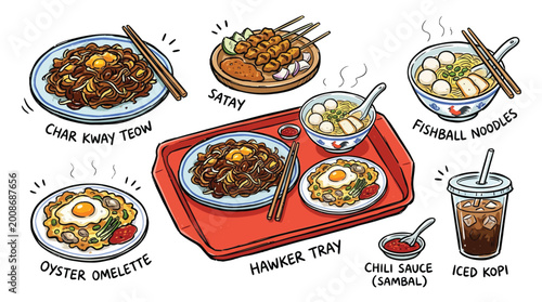 Photos A vibrant illustration showcasing a variety of popular Singaporean hawker dishes and drinks, including satay, char kway teow, oyster omelette, fishball noodles, and iced coffee