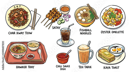 Tableau sur toile A vibrant illustration showcasing a variety of popular Singaporean hawker dishes and drinks, presented in a visually appealing arrangement
