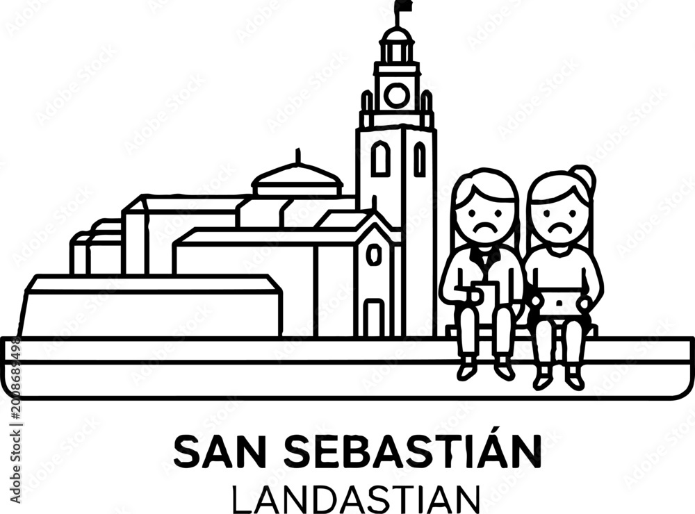 Fototapeta premium Sad people with tablets in San Sebastian city skyline illustration
