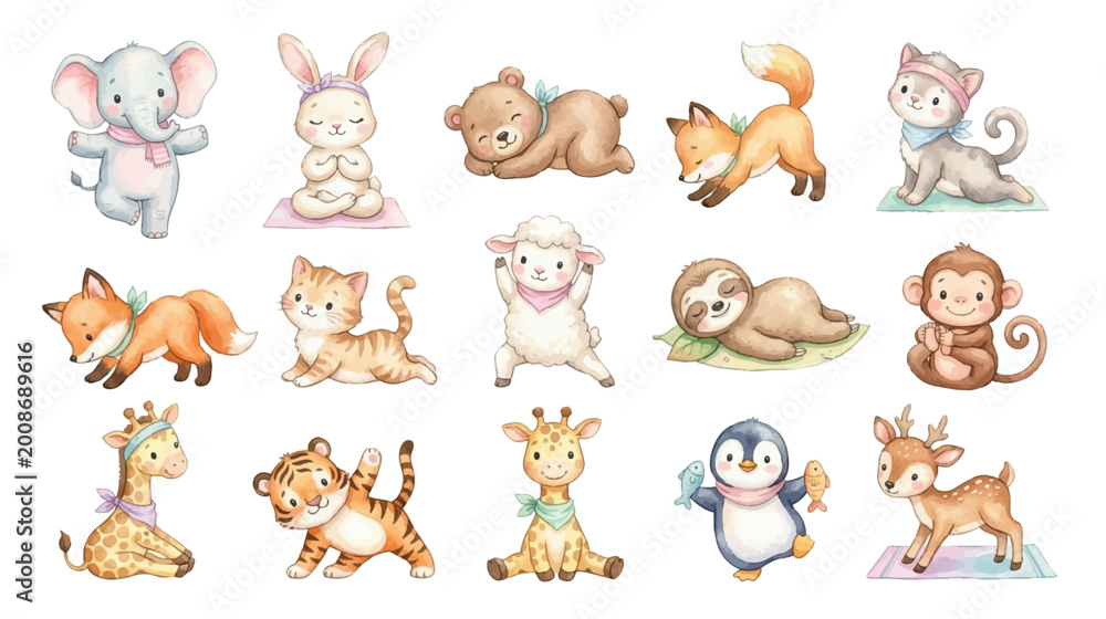 Fototapeta premium Cute baby wild animals in watercolor style, forest and safari characters in soft pastel tones. Collection of Vector illustrations for invitation, card, poster, banner, decoration 