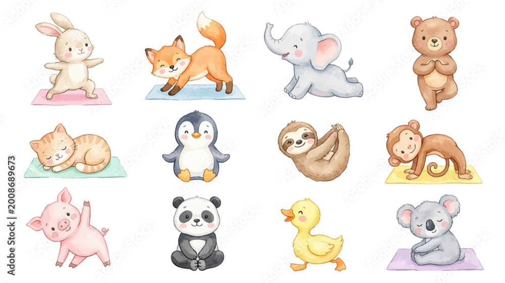 Fototapeta premium Adorable animal yoga set with playful baby characters, relaxation and mindfulness theme in gentle colors. Collection of Vector illustrations for invitation, card, poster, banner, decoration 