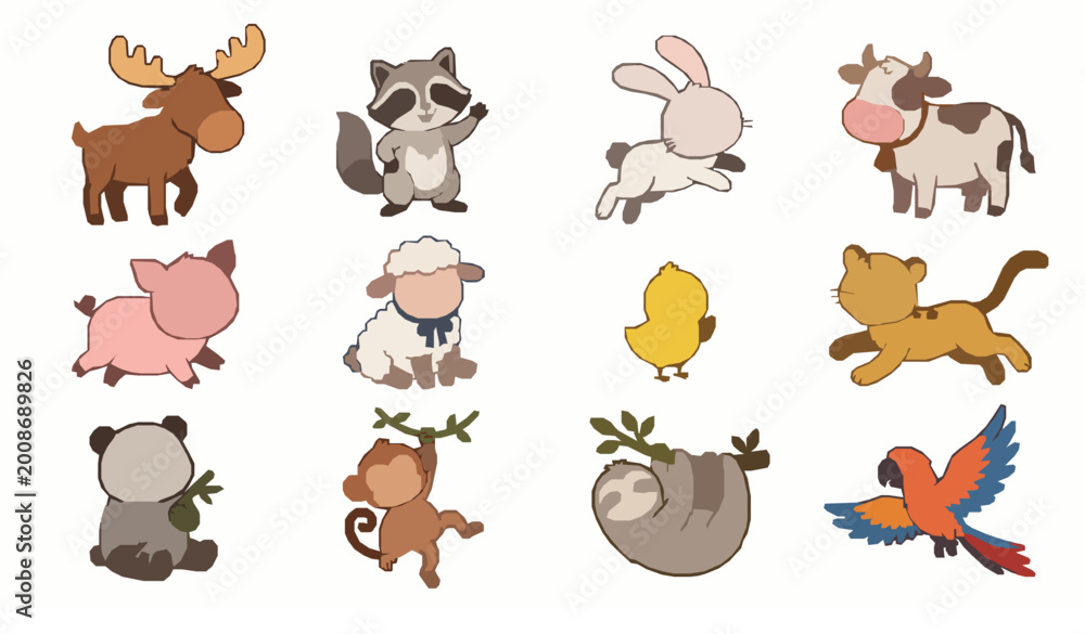 Fototapeta premium Mixed cute animal characters vector set for nursery textile wrapping and apparel design