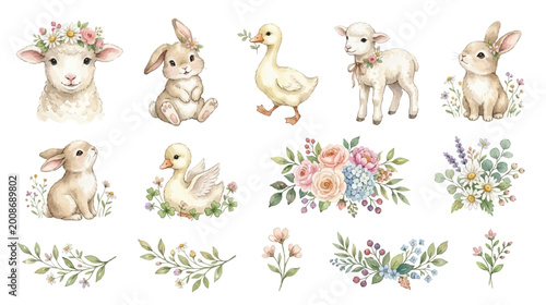 Cute baby farm animals with flowers, lamb, bunny and duck in soft pastel watercolor style. Collection of Vector illustrations for invitation, card, poster, banner, decoration
