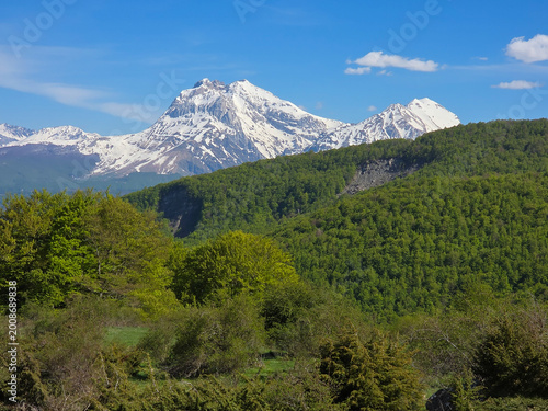 Gran Sasso Mountain Range with Snow-Capped Peaks and Lush Green Forest in Abruzzo, Italy