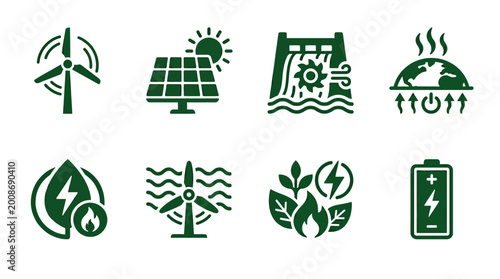 Bild auf Leinwand Collection of green energy icons representing wind, solar, hydro, and geothermal
