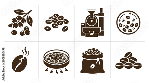 Foto Collection of coffee-related icons illustrating beans, processing equipment, and