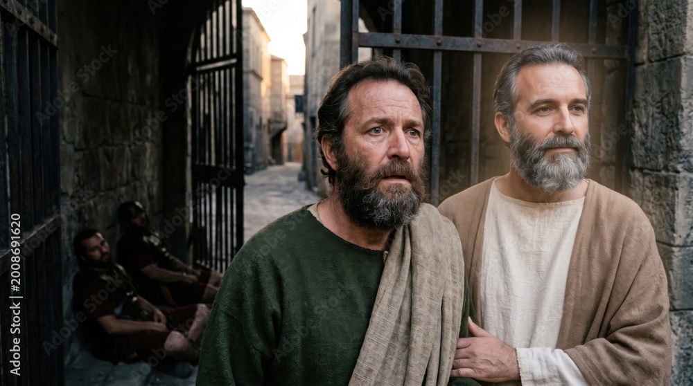 Fototapeta premium Angel leading apostle Peter out of prison in darkness. Biblical scene of miraculous escape from jail. Ancient historic faith event, saint walking with divine messenger, liberation.