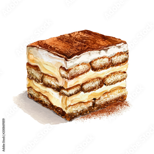 Tiramisu Cake watercolor drawing vector, premium quality illustration on a clean white background.