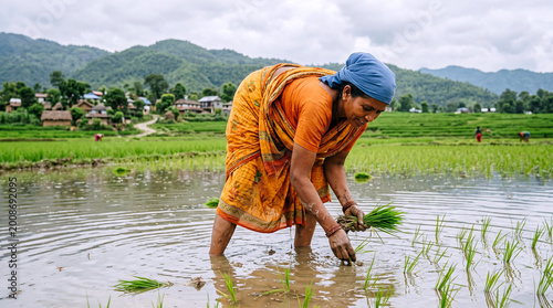 South Asian Woman in Orange Sari Transplanting Rice Seedlings in Flooded Paddy Field with Mountain Village Background