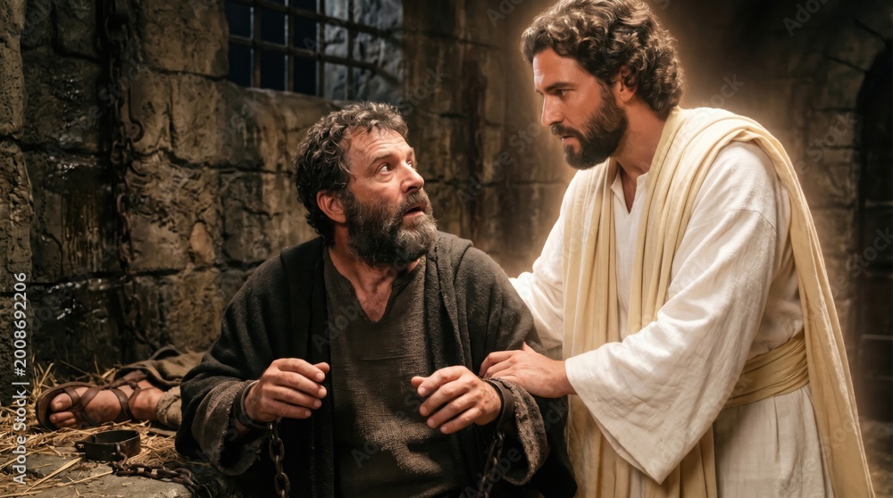 Obraz premium Angel freeing apostle Peter from chains in a dark prison. Biblical scene depicting divine intervention and miracle at night. Faith, hope, resurrection and spiritual liberation concept.