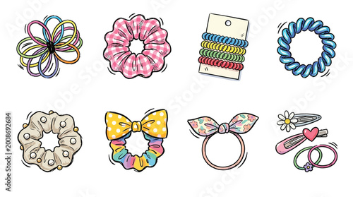 Fotografie A vibrant collection of colorful hair accessories, including scrunchies, hair ties, and barrettes, arranged in a playful grid