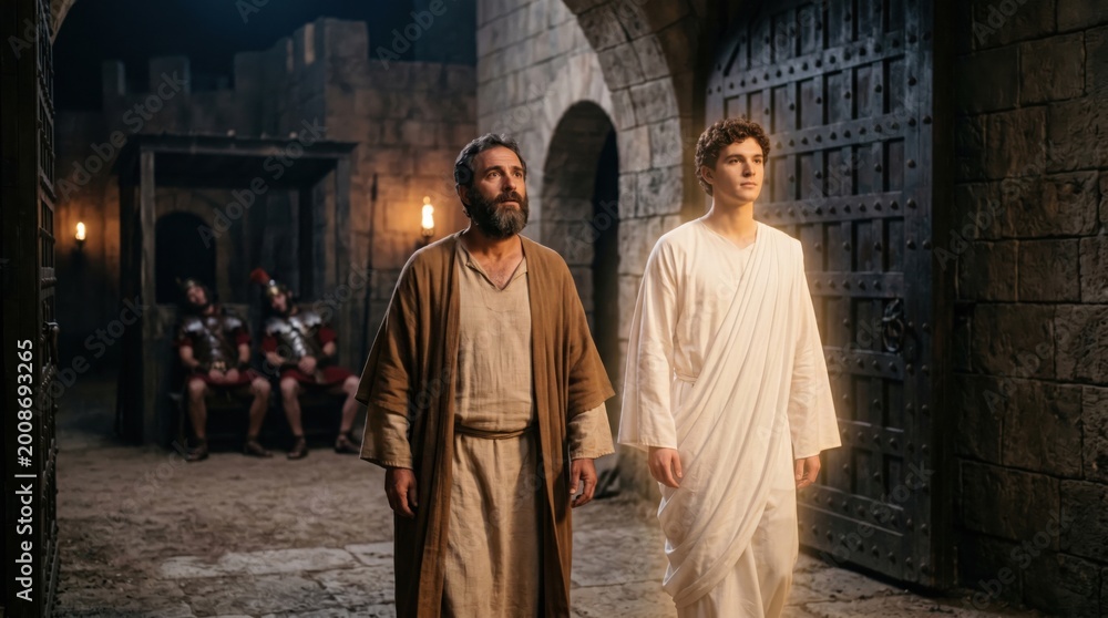 Naklejka premium Angel leading apostle Peter out of prison. Biblical scene portraying divine rescue from ancient dungeon. Supernatural event, celestial light, historical religious drama concept.