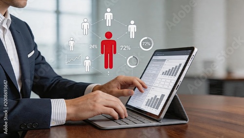 Businessman using tablet analyzing digital charts and human network graph with percentages managing social media marketing strategy teamwork concept in modern office work