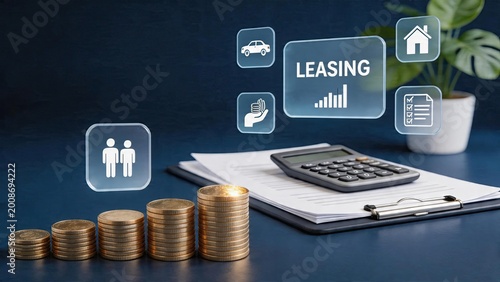 Business finance concept stacking gold coins rising up on desk calculator with documents holographic interface icons showing people car house hand with cash and charts leasing
