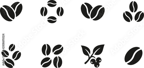 coffee bean icons set, simple solid vector symbols of roasted coffee beans isolated on transparent background