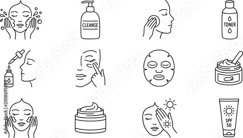 Photos skincare routine icons set, face care steps with cleanser toner serum cream mask