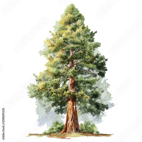 Redwood Tree watercolor vector illustration, high-quality artwork isolated on a pure white background.
