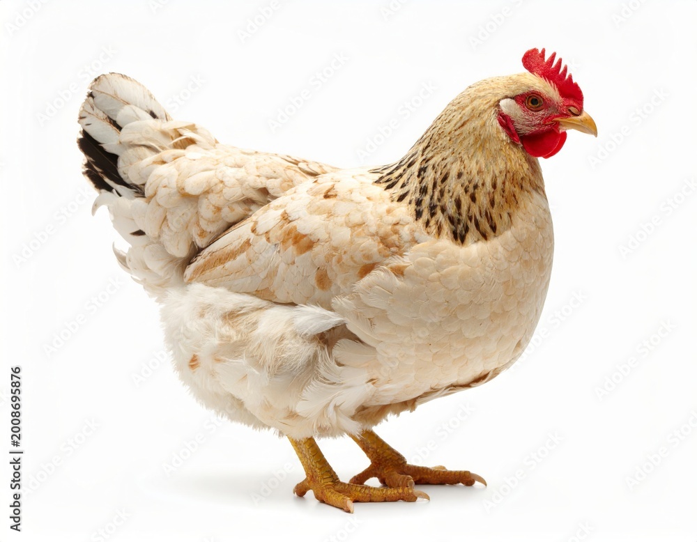 Fototapeta premium White chicken isolated on white background, full body side view of domestic hen with red comb in clean studio style