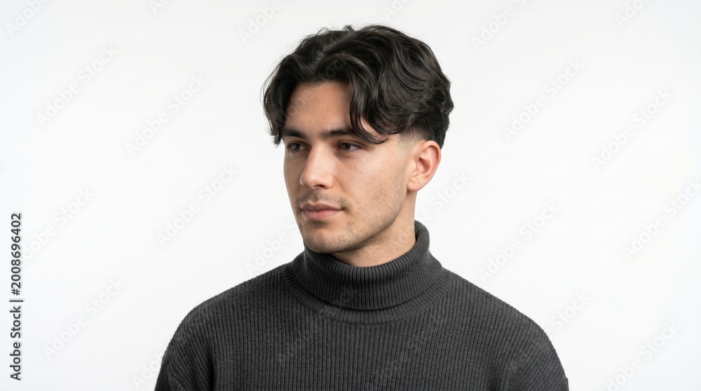 Fototapeta premium Young man wearing turtleneck sweater looking sideways in studio