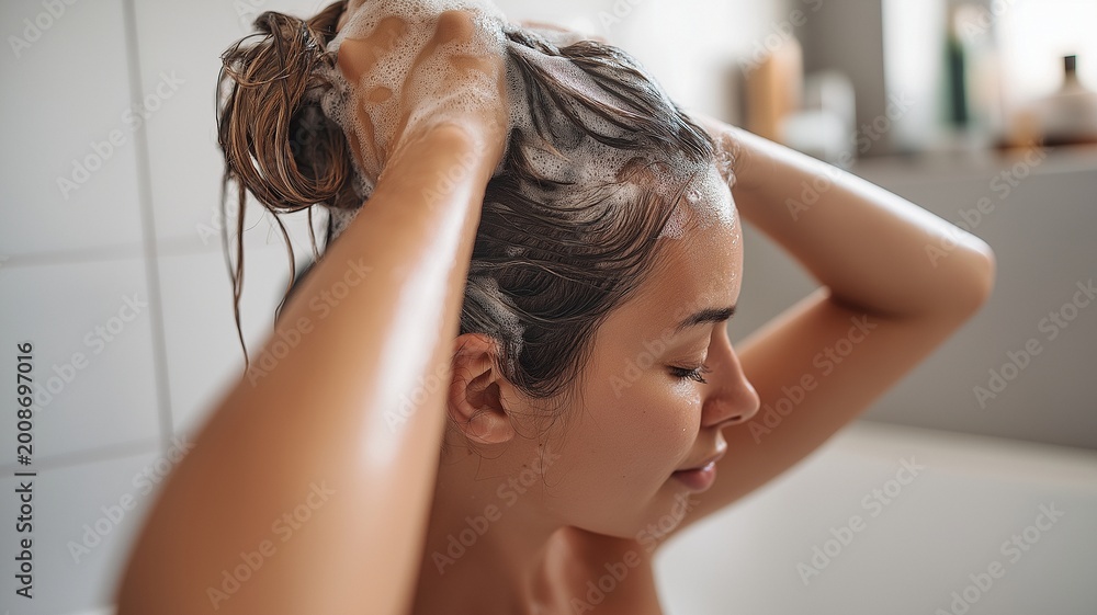 Naklejka premium A woman taking a bath at home and washing her hair