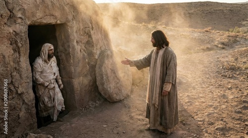 Jesus christ standing before a dark tomb entrance calling out to Lazarus who is emerging wrapped in burial shrouds while dust and light create a miraculous atmosphere