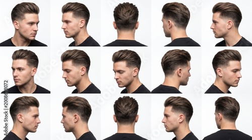 A man with various hairstyles and facial expressions is shown in multiple angles and views.