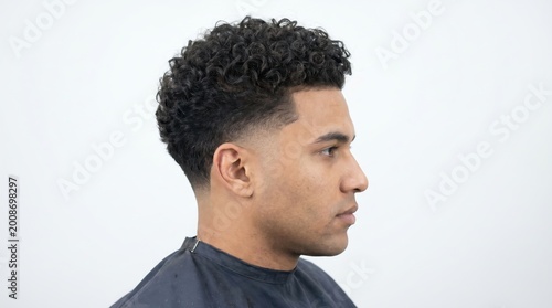 Man with curly hair sitting for a haircut in a salon chair