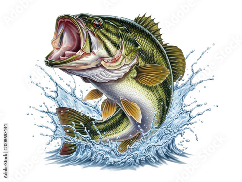 Large mouth bass fish jumping out of water with splash isolated on transparent background