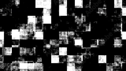 Seamless abstract loop of chaotic black and white pixel blocks with digital glitch noise and distortion.