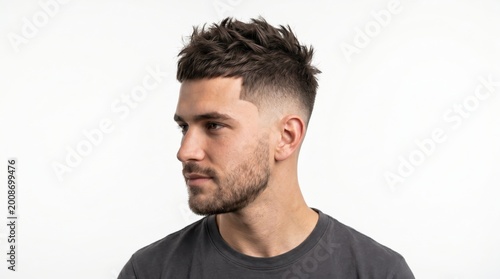 A man with short dark hair and beard looks left