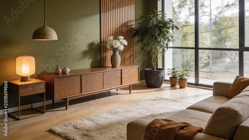 A modern minimalist Scandinavian living room interior with an olive green accent wall, warm natural sunlight streaming through large floor-to-ceiling windows on the right, wooden slatted wall panel de