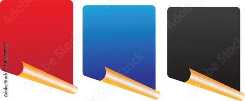 Three rectangular ribbons in red blue and black with golden edges