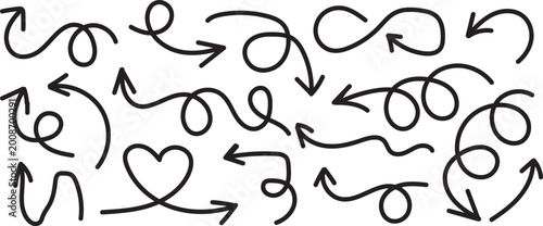 Collection of hand drawn arrows and swirls on a white background