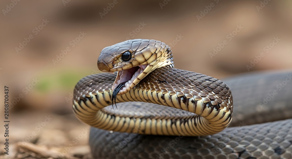 Fototapeta premium A snake is coiled on the ground with its mouth open in a threatening posture in a natural environment.