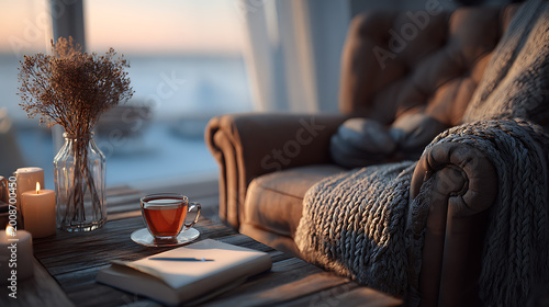 Cozy selfcare and mental health wellness scene symbolizing mindfulness, relaxation, emotional healing, stress relief, therapy and inner peace at home