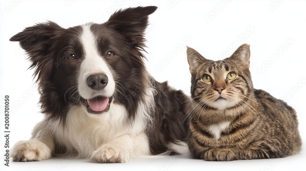 Fototapeta premium a border collie dog and a tabby cat sitting together, isolated on a white background.