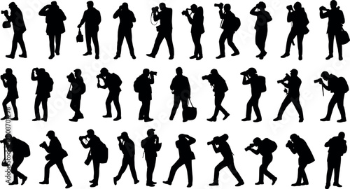 Fotografi Black silhouette vector collection of professional photographers with cameras taking pictures in diverse poses isolated on a plain white background