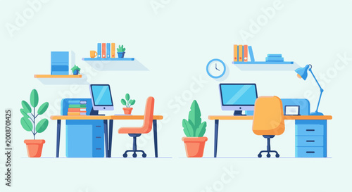 Two colorful, minimalist illustrations of modern home office setups with desks, computers, chairs, shelves