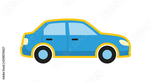 Blue sedan car silhouette with yellow outline on a white background silhouette high quality professional detailed