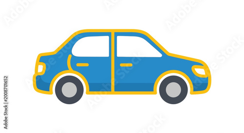 Blue sedan car silhouette with yellow outline on a white background high quality professional detailed modern