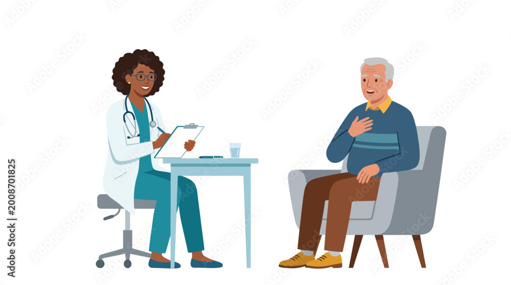 Fototapeta premium Doctor talks to elderly man sitting on a gray armchair indoors