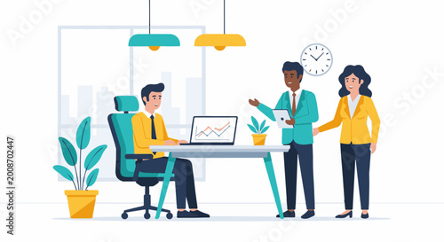 Three diverse professionals collaborating in a bright office, one at a laptop, two standing and talking