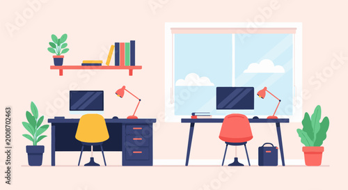 Two minimalist home office setups with desks, chairs, computers, plants, and a window against light pink wall