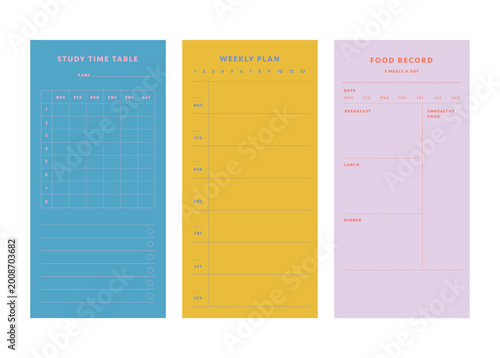 (summer) 3 set study time table, weekly plan, food record planner. Start today!