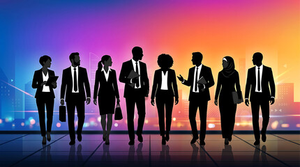 Business Team Silhouettes in Modern Office with Colorful Gradient Background 