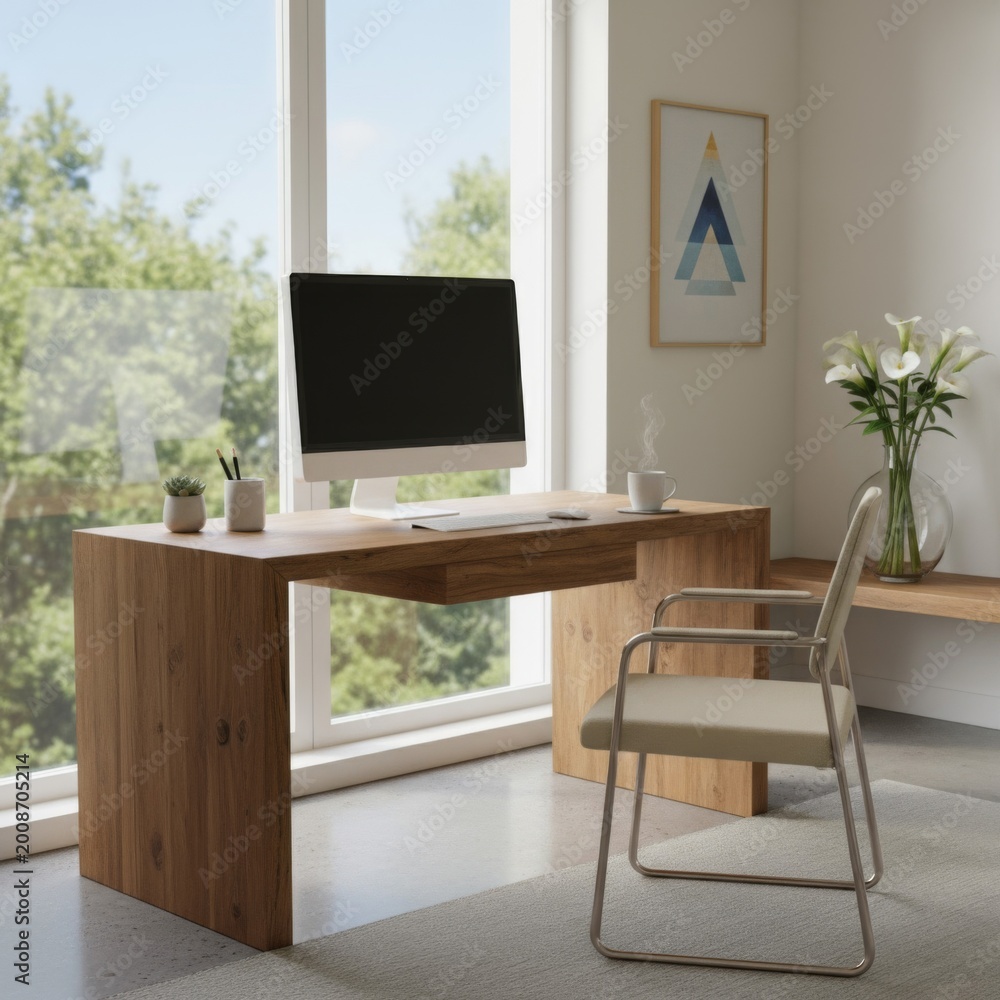Obraz premium Warm Wooden Desk Setup Near Window in Bright White Room