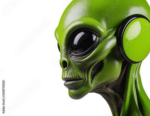 Close-up of a green alien head with large black eyes and headphones