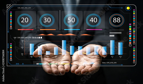 Foto Businessman Wearing Suit Presenting High-Tech Graphical Interface with Analytics